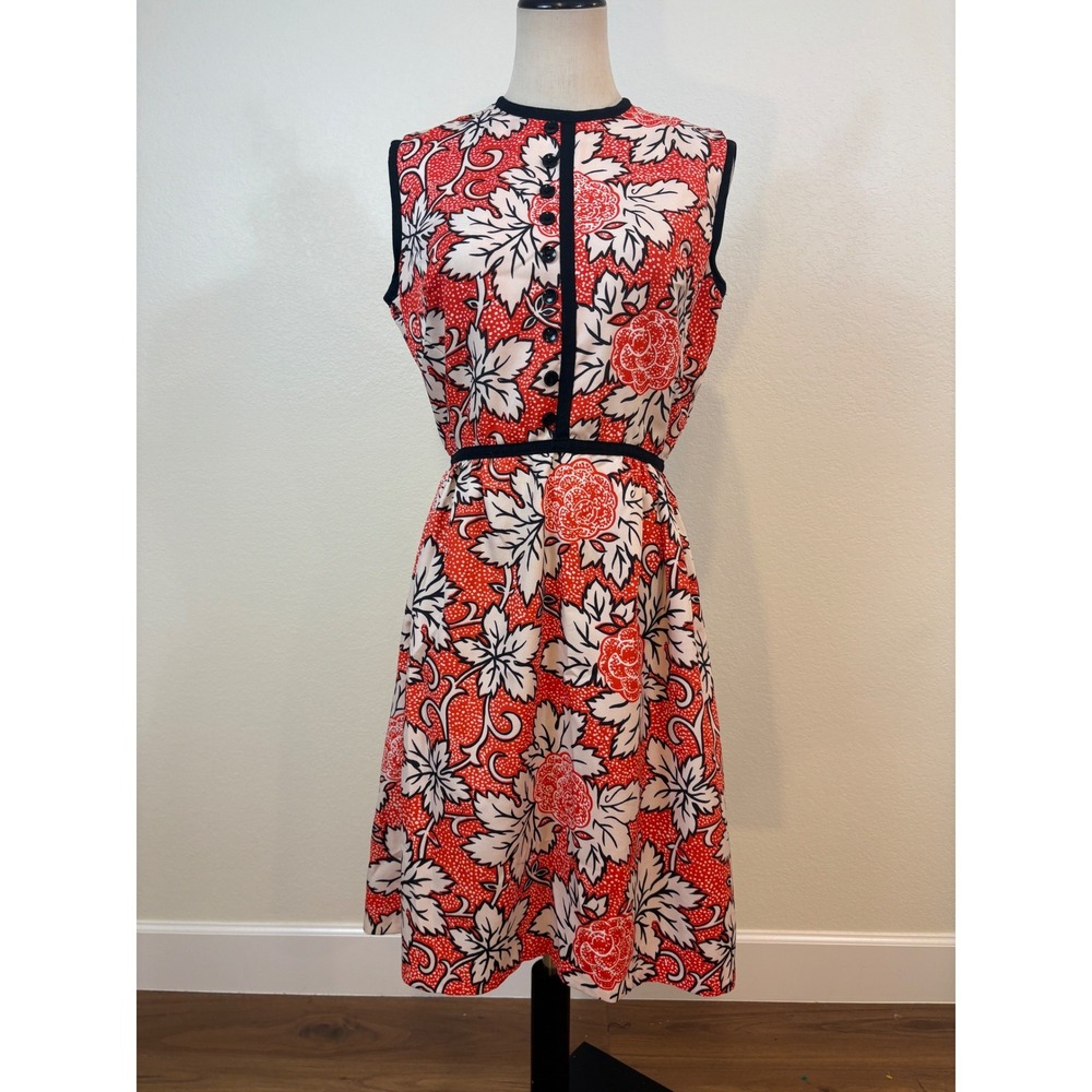 Vtg 60s 70s Stacy Ames Day Dress M Floral Red Floral mid Mod Pop Art Roakabilly